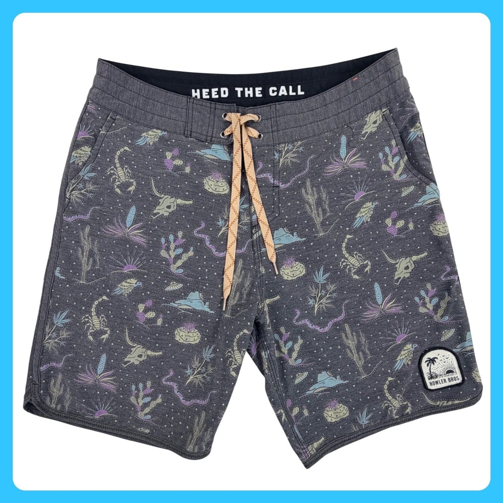 Howler Bros Horizon Hybrid Board Shorts Men 31 Gray Desert Skulls Unlined 8"